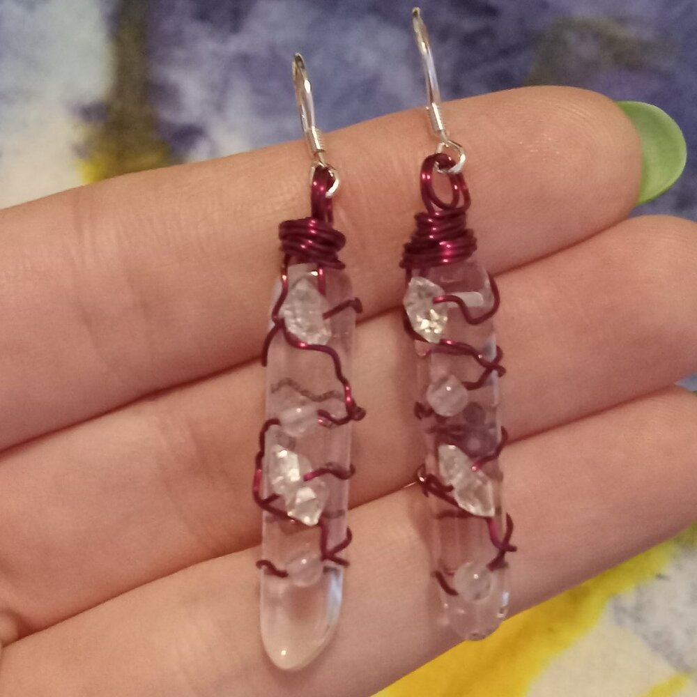 Handmade Clear Crystal Quartz & Rare Herkimer Diamond Wire Wrapped Earrings